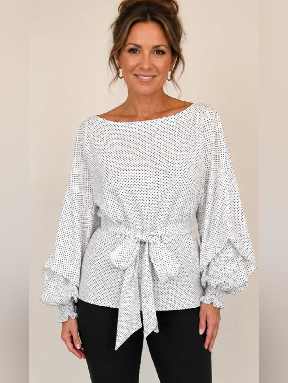 MAX Jeans Polka Dot Ruffle Bell Sleeve Tie Waist Statement Blouse Cottagecore